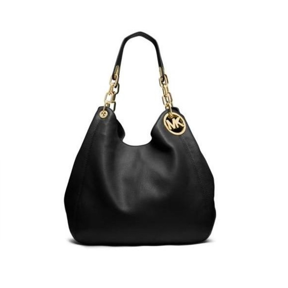 Michael Kors Womenโs Fulton Black Pebbled Leather Gold Chain Shoulder Bag Purse